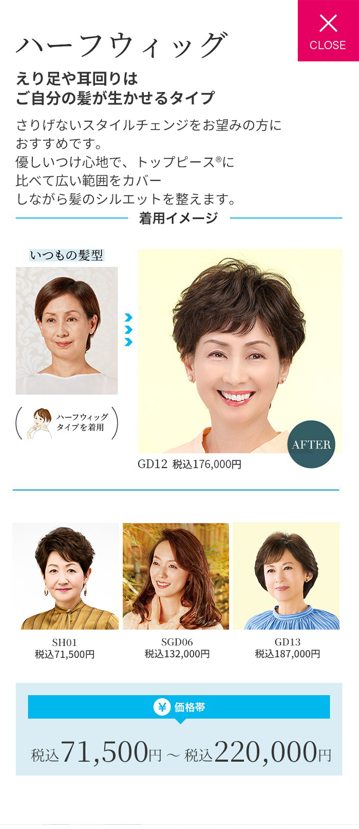 ハーフウィッグ　自髪を生かした、さりげないスタイルチェンジに適しています。